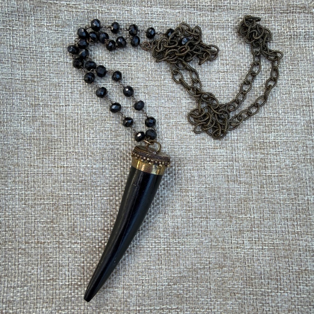 Tusk Pendant Necklace Black Beaded Chain Boho Gothic Witchy Statement Artisan
